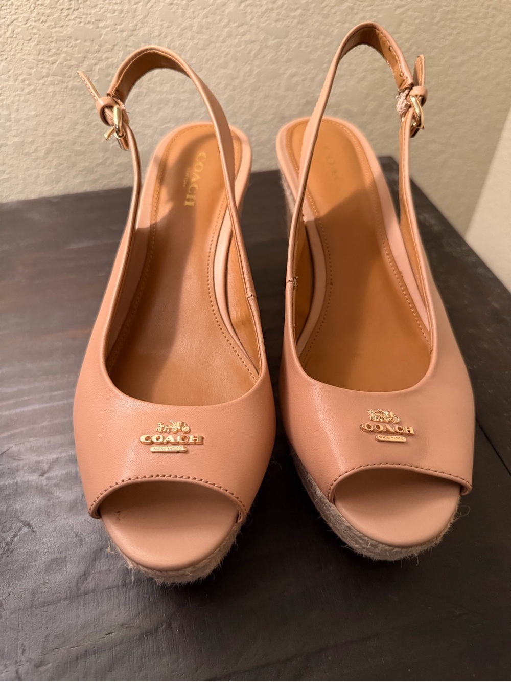 Coach Tan Leather Peep-Toe Slingback Wedges with Gold Logo